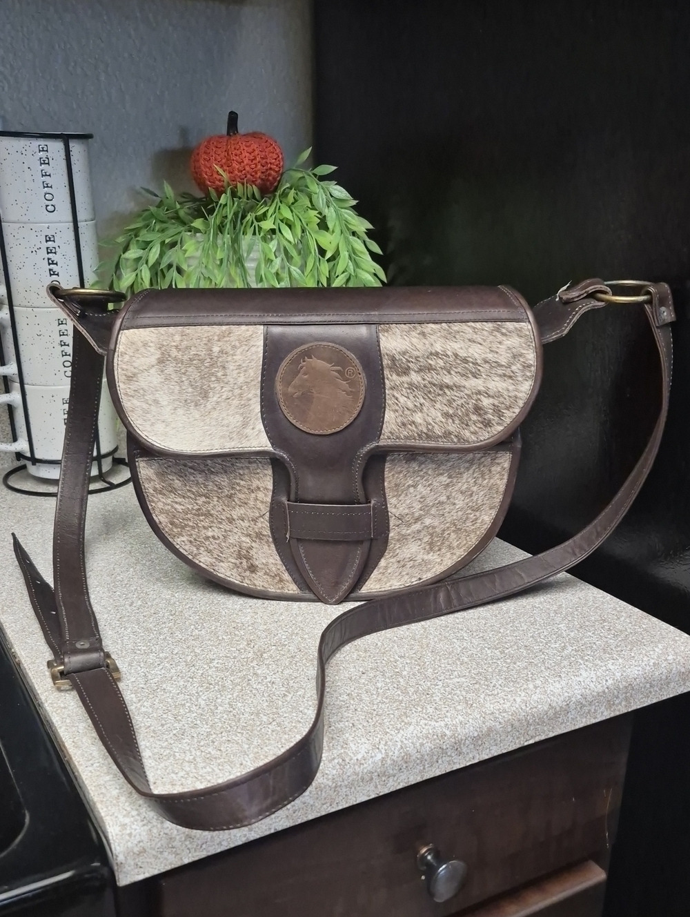 Vintage-Inspired Brown Hair-on-Hide Crossbody Bag